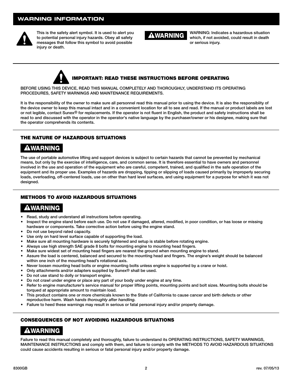 Warning | Sunex Tools 8300GB User Manual | Page 2 / 13