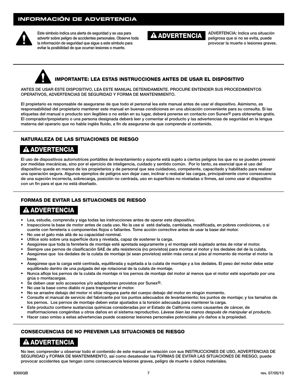 Advertencia | Sunex Tools 8300GB User Manual | Page 7 / 13