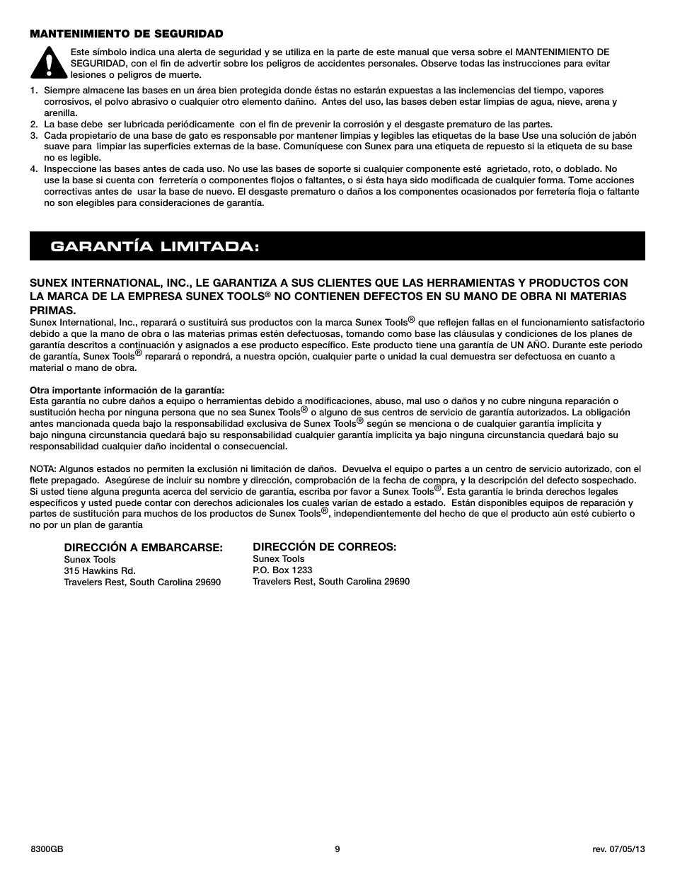 Garant í a limitada | Sunex Tools 8300GB User Manual | Page 9 / 13