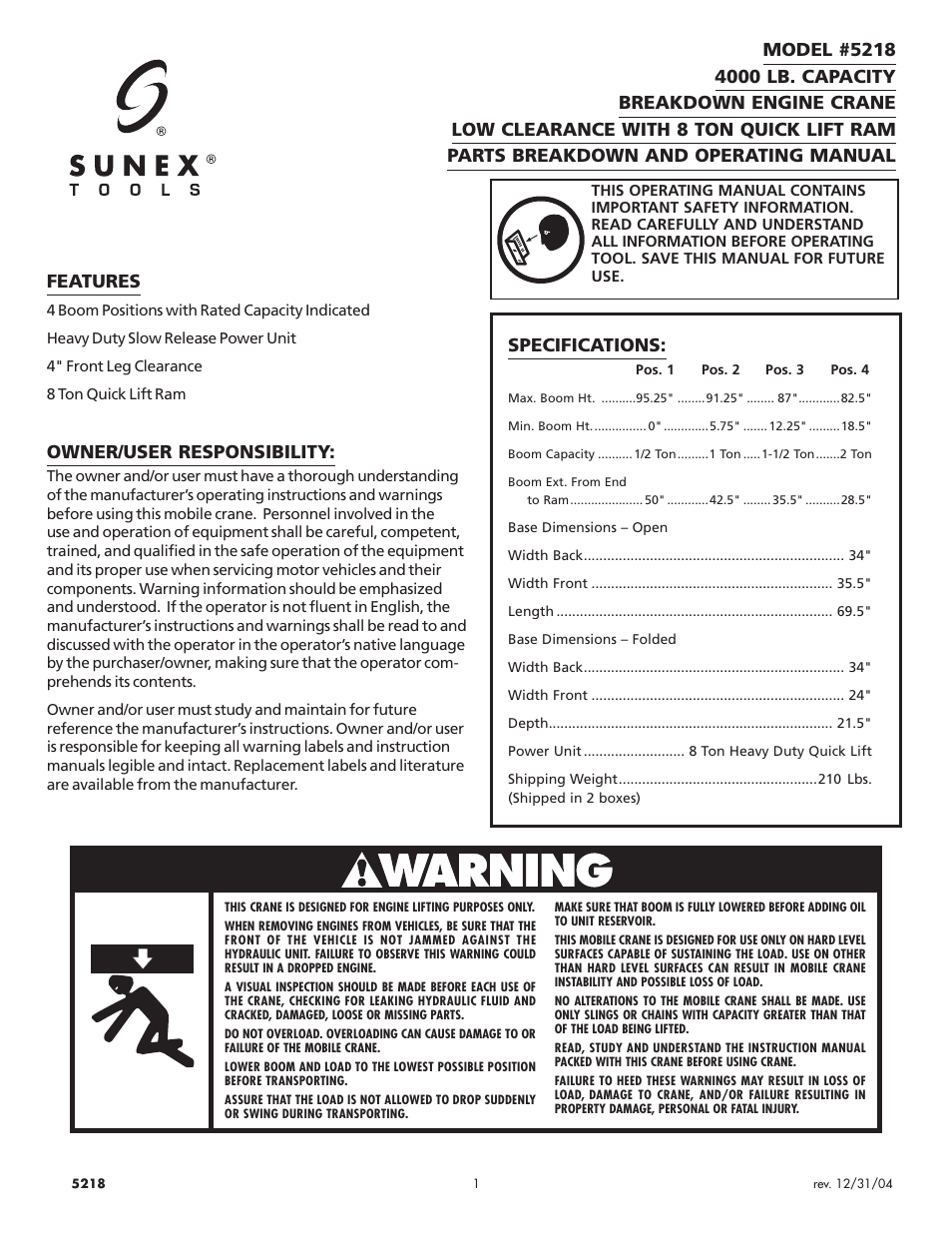 Sunex Tools 5218 User Manual | 4 pages