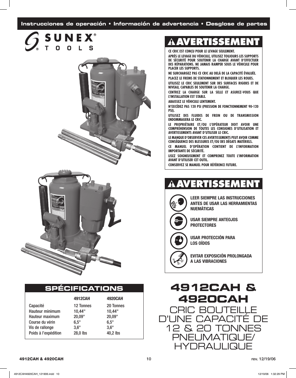 Spécifications | Sunex Tools 4920CAH User Manual | Page 10 / 13