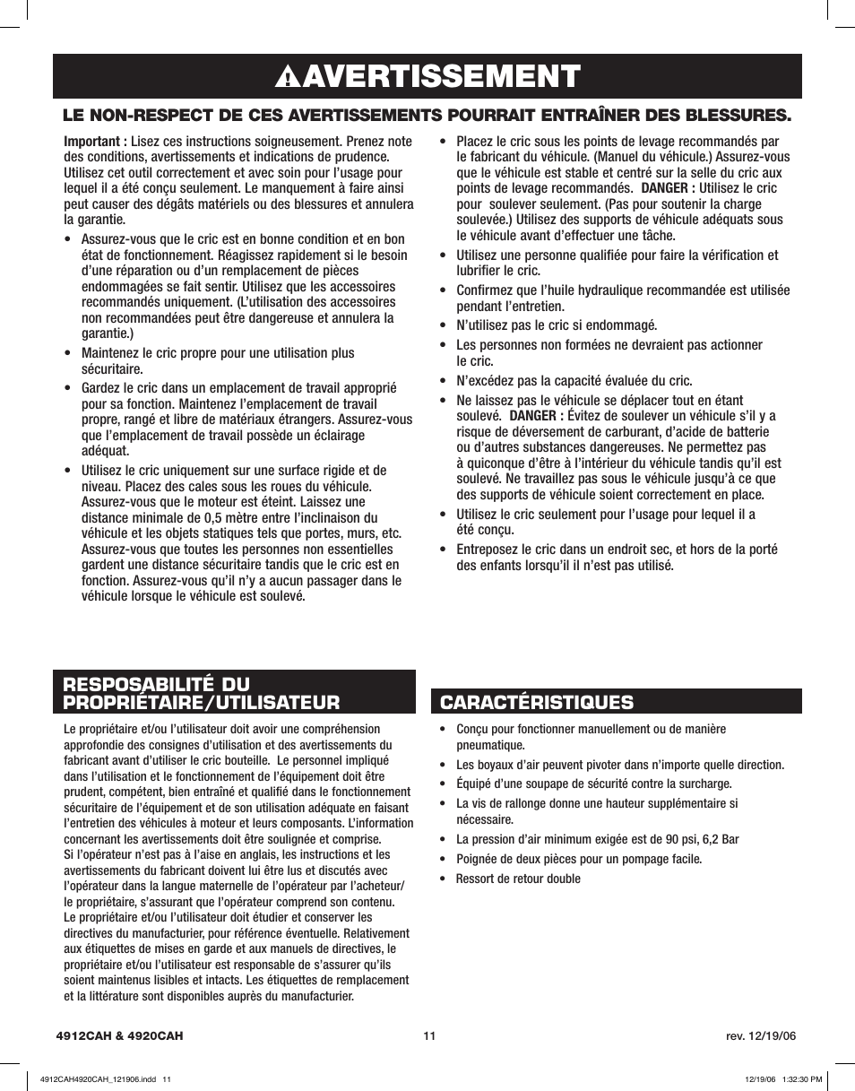 Avertissement | Sunex Tools 4920CAH User Manual | Page 11 / 13