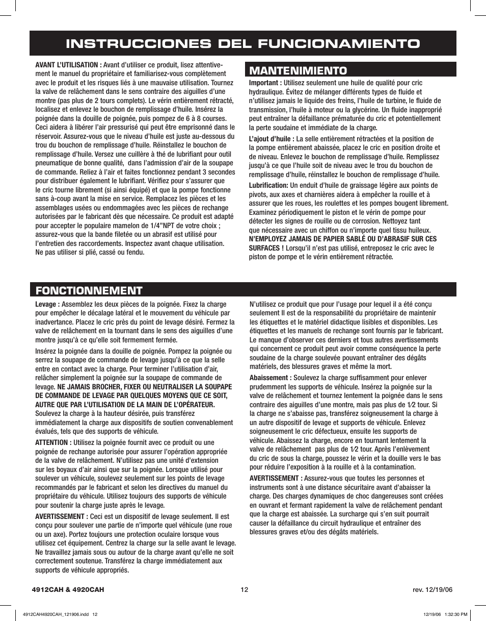 Instrucciones del funcionamiento, Fonctionnement mantenimiento | Sunex Tools 4920CAH User Manual | Page 12 / 13