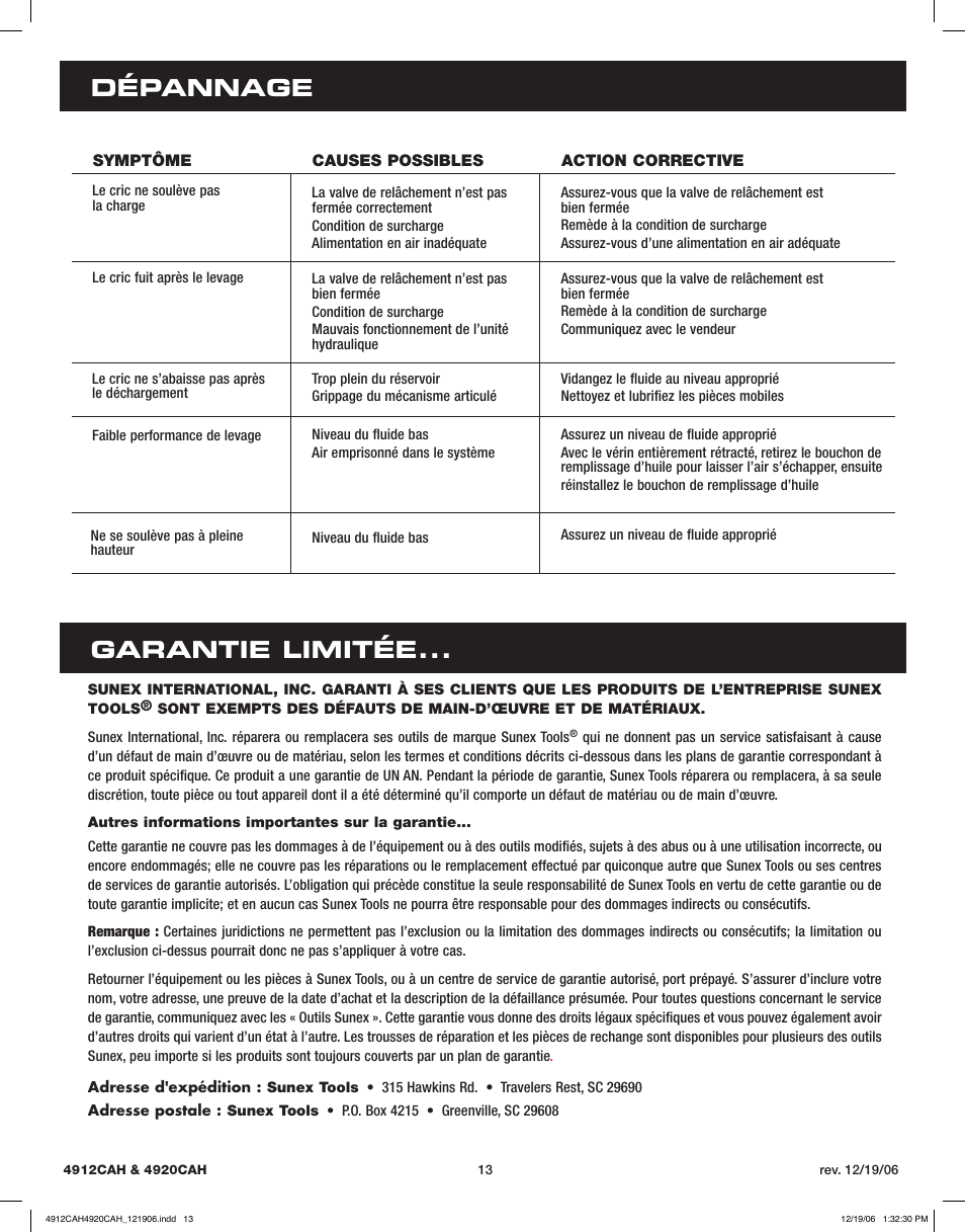 Dépannage garantie limitée | Sunex Tools 4920CAH User Manual | Page 13 / 13