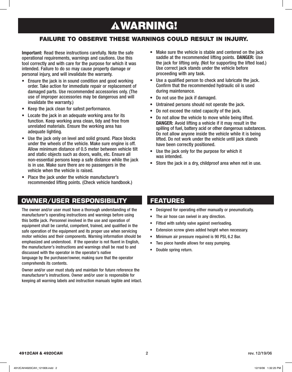 Warning, Owner/user responsibility features | Sunex Tools 4920CAH User Manual | Page 2 / 13