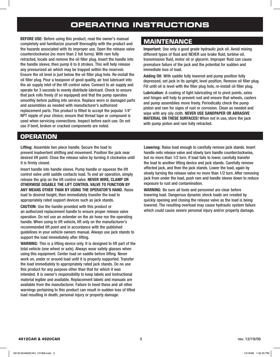 Operating instructions, Operation maintenance | Sunex Tools 4920CAH User Manual | Page 3 / 13
