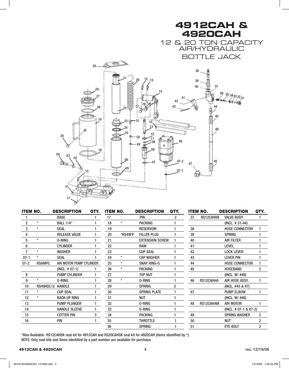 12 & 20 ton capacity air/hydraulic bottle jack | Sunex Tools 4920CAH User Manual | Page 4 / 13