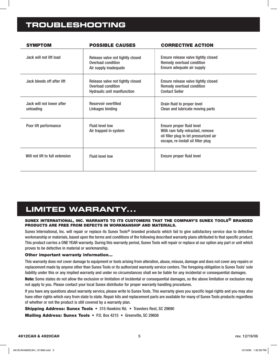 Troubleshooting limited warranty | Sunex Tools 4920CAH User Manual | Page 5 / 13