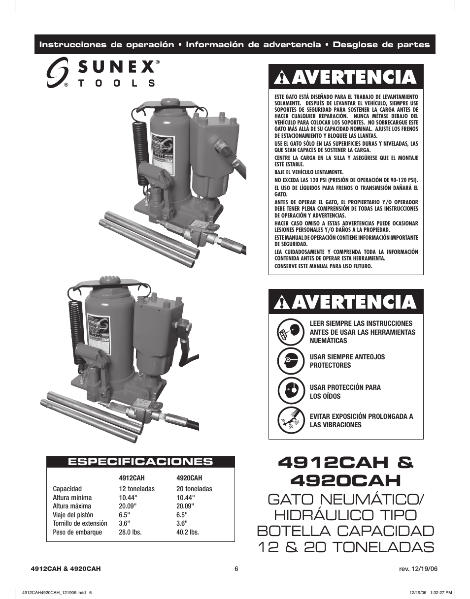 Especificaciones | Sunex Tools 4920CAH User Manual | Page 6 / 13