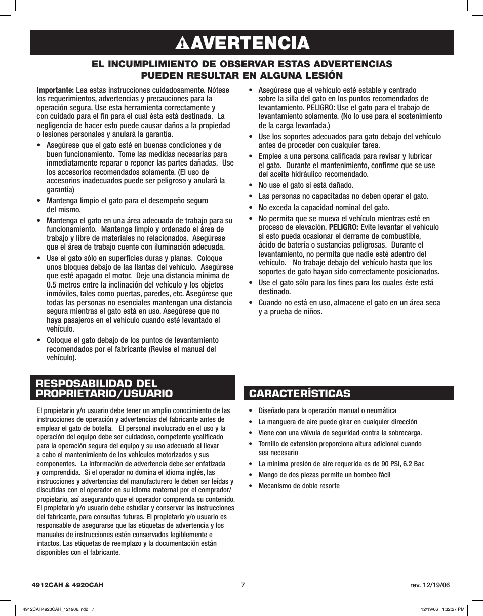 Avertencia | Sunex Tools 4920CAH User Manual | Page 7 / 13