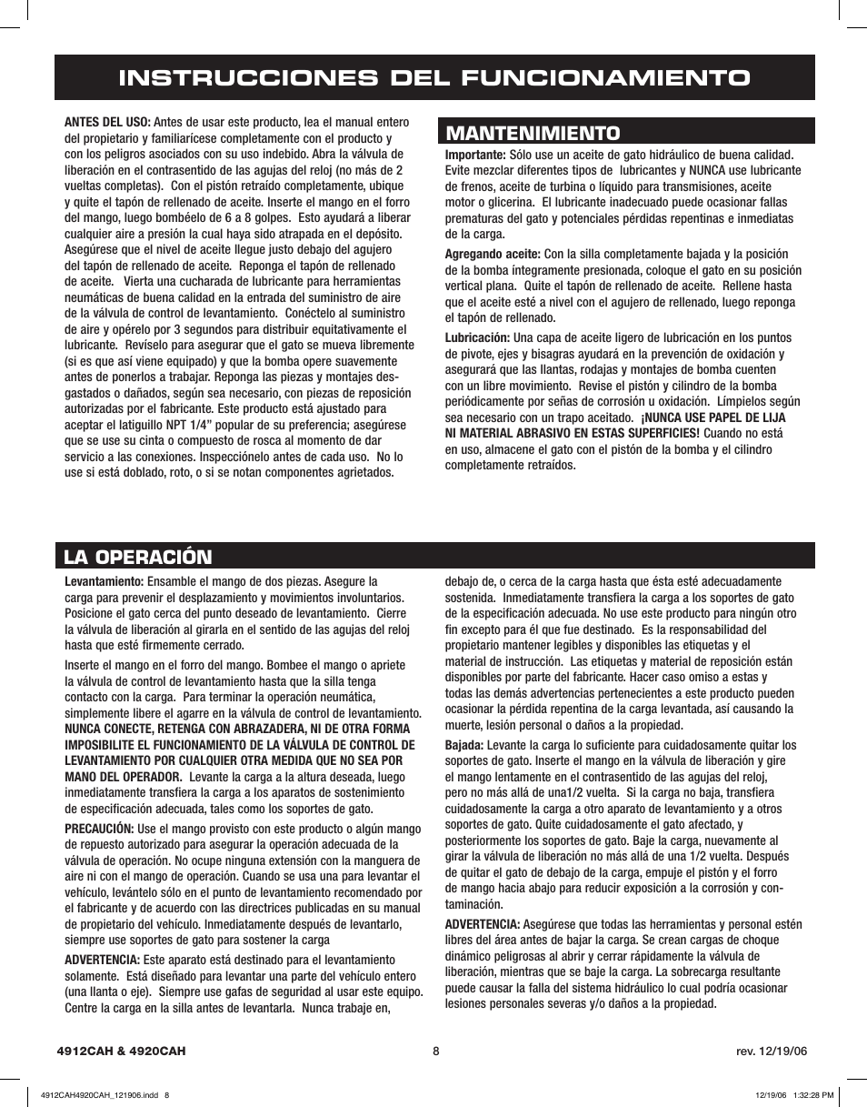 Instrucciones del funcionamiento, La operación mantenimiento | Sunex Tools 4920CAH User Manual | Page 8 / 13