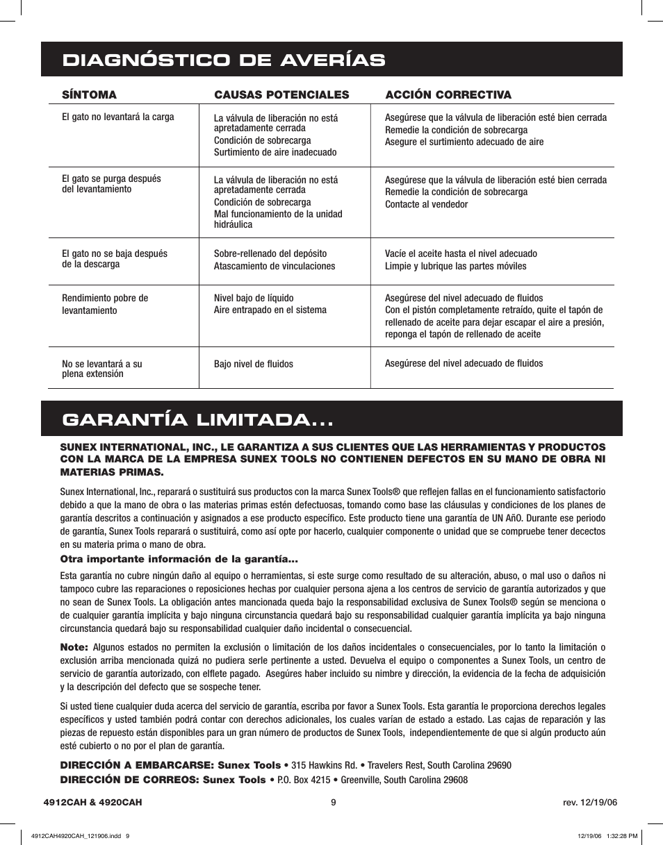 Diagnóstico de averías garantía limitada | Sunex Tools 4920CAH User Manual | Page 9 / 13