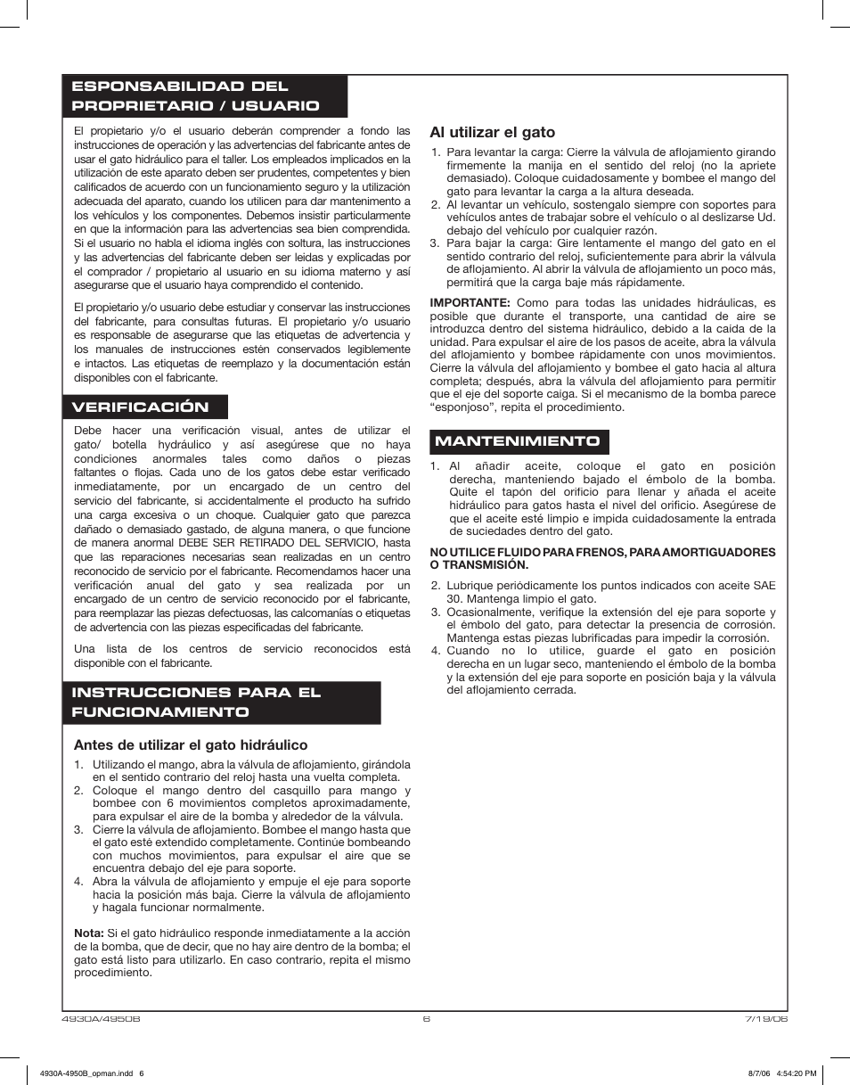 Al utilizar el gato | Sunex Tools 4950B User Manual | Page 6 / 10