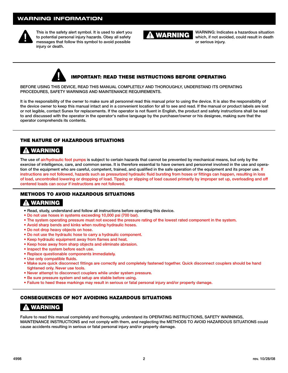 Warning | Sunex Tools 4998 User Manual | Page 2 / 10