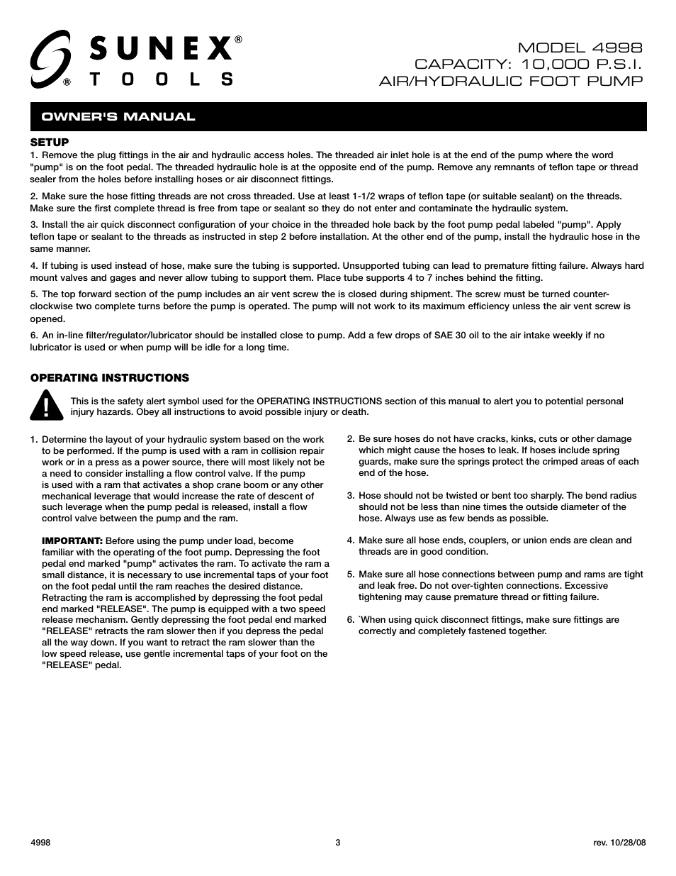 Sunex Tools 4998 User Manual | Page 3 / 10