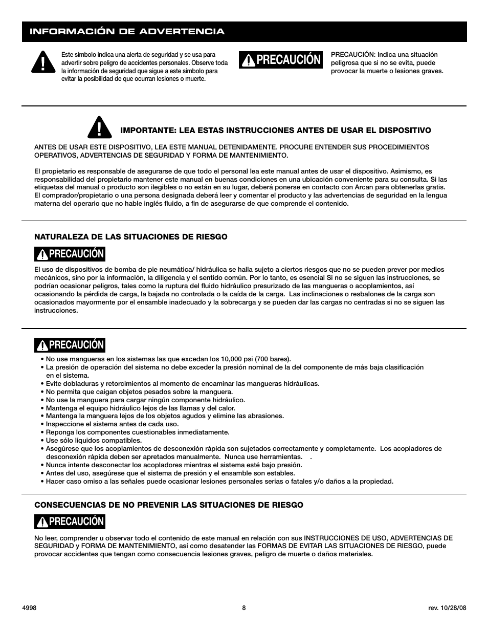 Precaución | Sunex Tools 4998 User Manual | Page 8 / 10