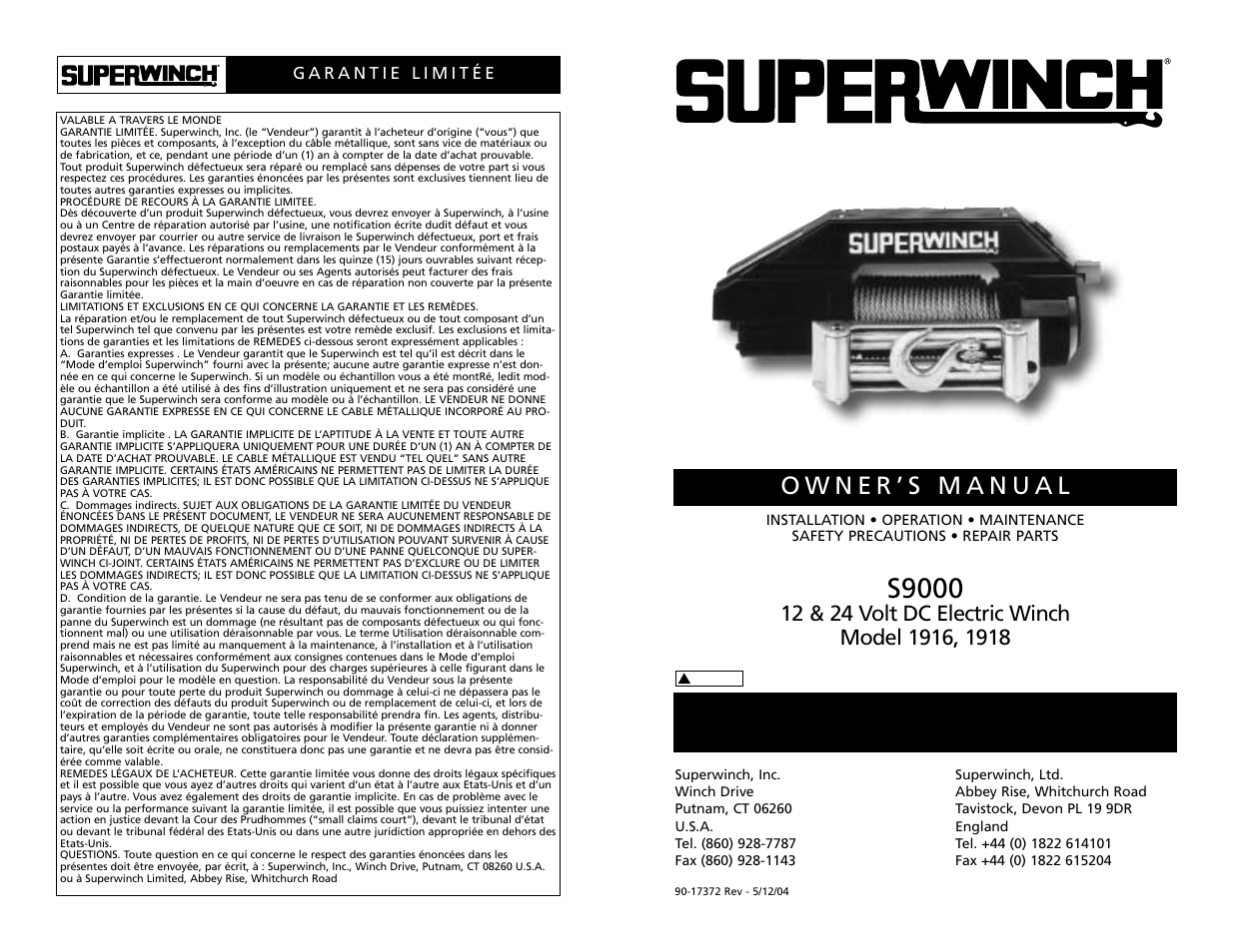 Superwinch S9000 - 4,082 kgs/12V (1916, 1918) User Manual | 30 pages