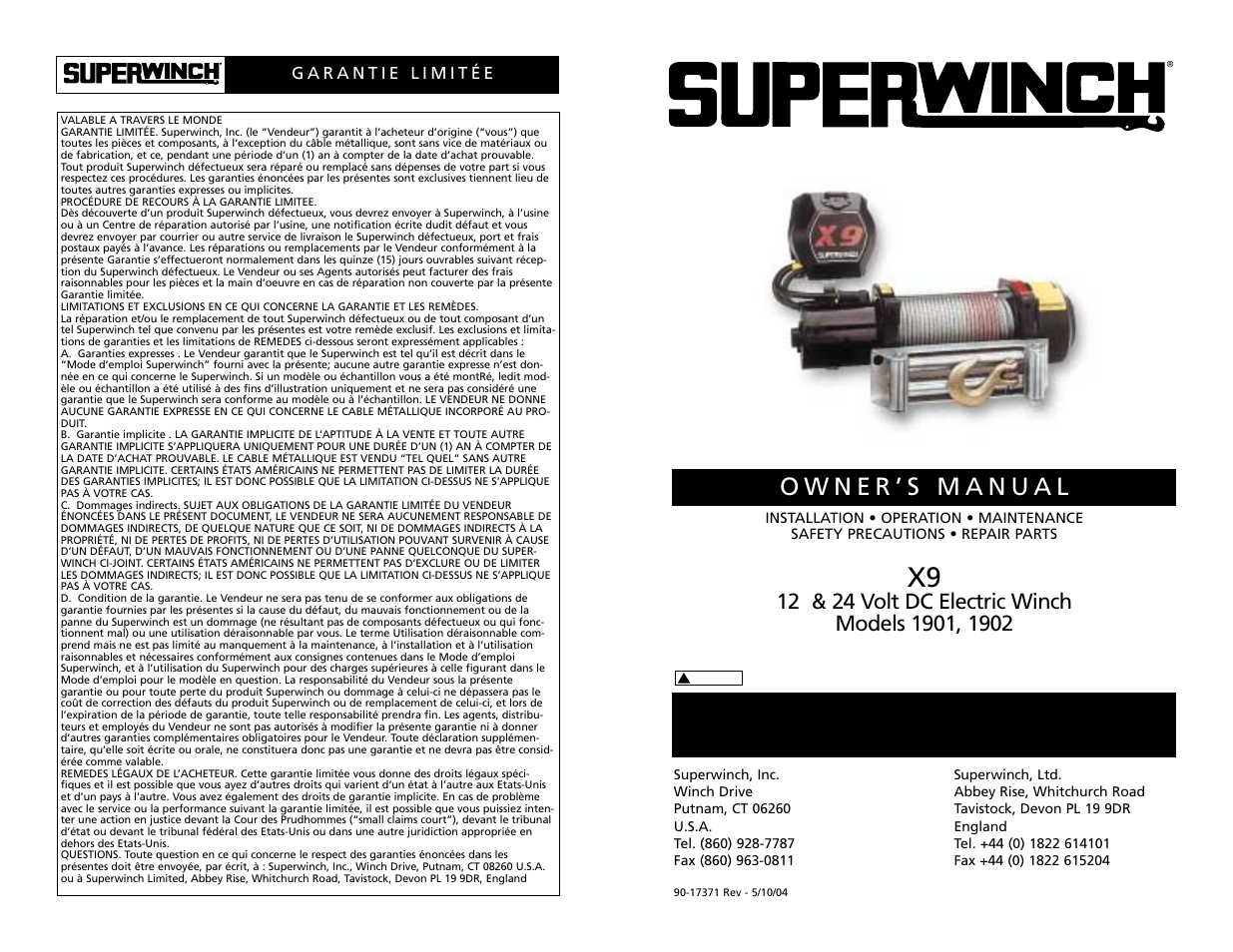 Superwinch X9 – 4,082 kgs/12V (1901, 1902) User Manual | 34 pages