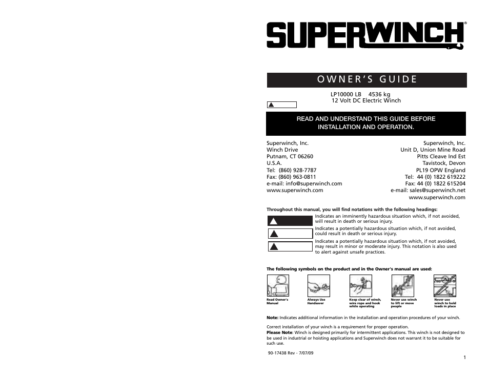 Superwinch LP10000 – 4,535 kgs/12V User Manual | 10 pages