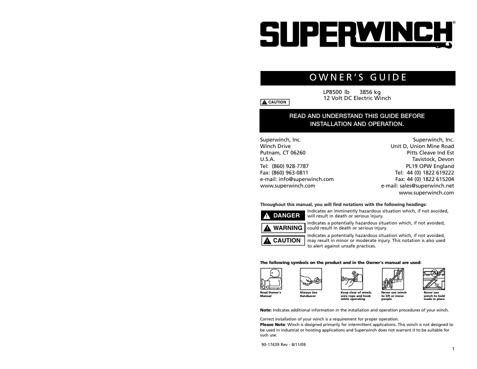 Superwinch LP8500 - 3,855 kgs/12V User Manual | 10 pages