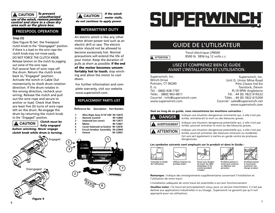 Lp8500 manmasfjb_part4, Guide de l’utilisateur, Danger | Attention | Superwinch LP8500 - 3,855 kgs/12V User Manual | Page 5 / 10