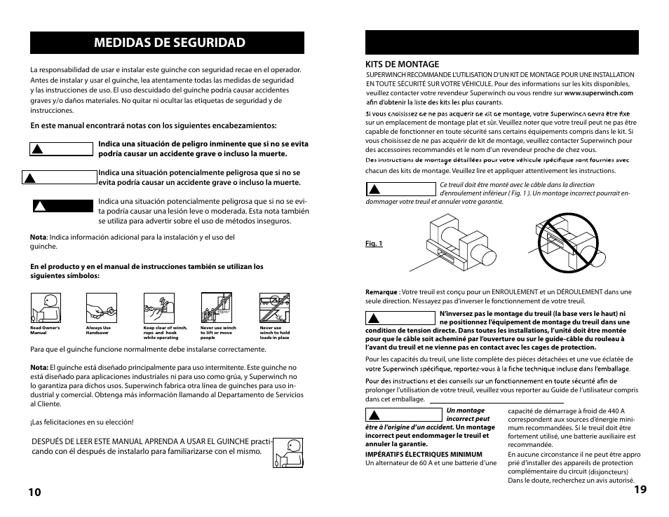 Medidas de seguridad, Montage de votre treuil, Cuidado | Superwinch Tiger Shark 9500- 4309 kgs/12V Installation User Manual | Page 10 / 14