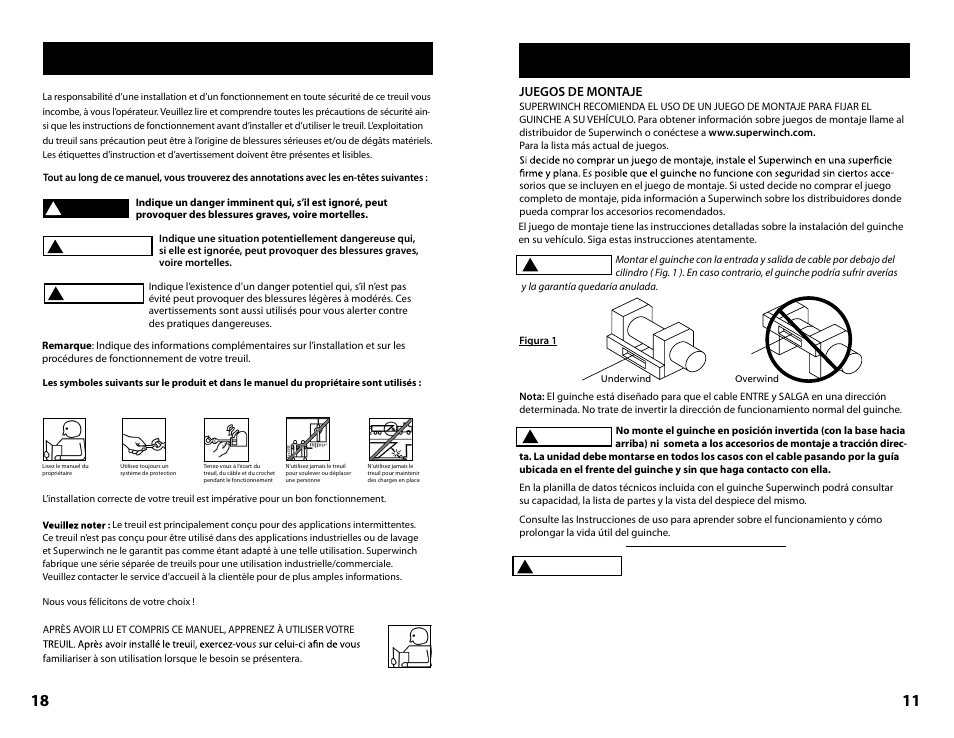 Mesures de sécurité, Montaje del guinche, Montar su cabrestante | Cuidado | Superwinch Tiger Shark 9500- 4309 kgs/12V Installation User Manual | Page 11 / 14