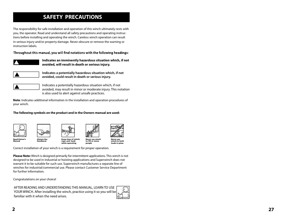 Safety precautions | Superwinch Tiger Shark 9500- 4309 kgs/12V Installation User Manual | Page 2 / 14