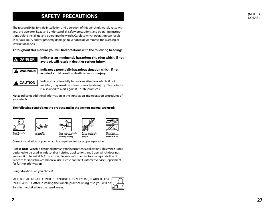 Safety precautions | Superwinch TALON SERIES WINCH Installation User Manual | Page 2 / 14