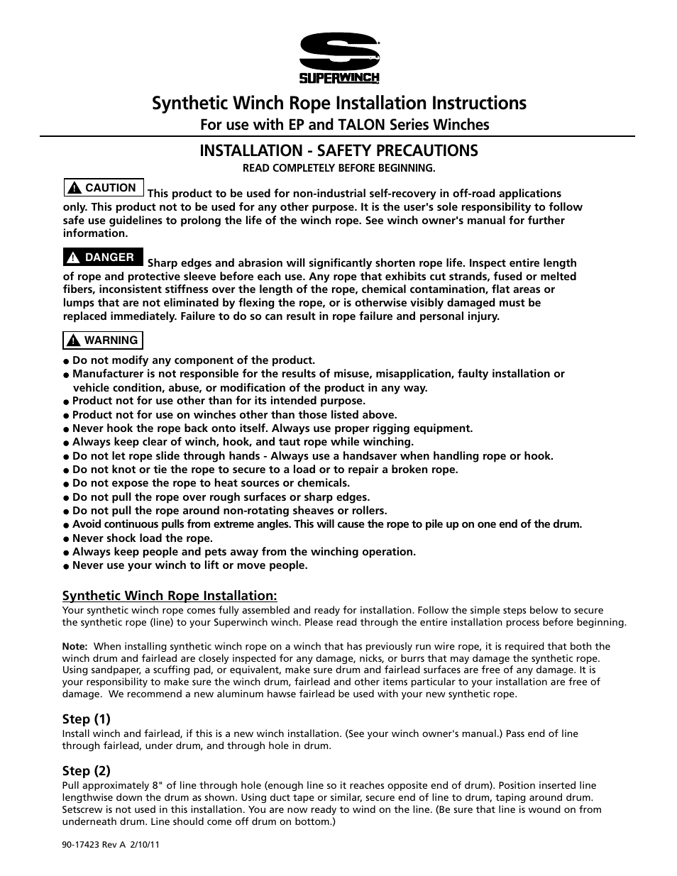Superwinch TALON SERIES WINCH Synthetic Winch Rope User Manual | 6 pages