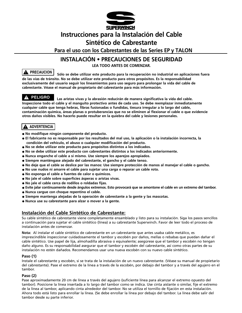 Instalación • precauciones de seguridad | Superwinch TALON SERIES WINCH Synthetic Winch Rope User Manual | Page 3 / 6
