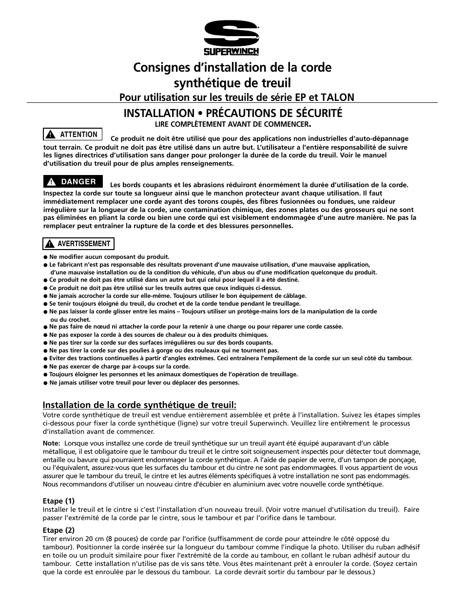 Installation • précautions de sécurité | Superwinch TALON SERIES WINCH Synthetic Winch Rope User Manual | Page 5 / 6
