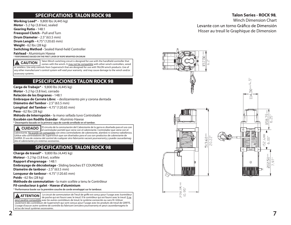 Specifications talon rock 98 | Superwinch TALON ROCK 98 12V DC Electric Winch User Manual | Page 2 / 4