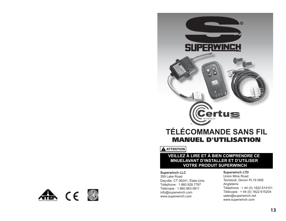 Télécommande sans fil, Manuel d'utilisation | Superwinch Certus Wireless for Superwinch S Series winches User Manual | Page 13 / 18