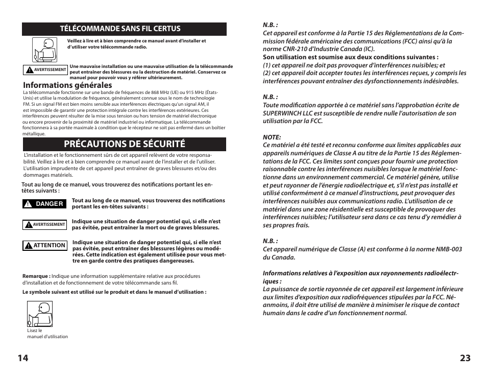 Précautions de sécurité, Informations générales | Superwinch Certus Wireless for Superwinch S Series winches User Manual | Page 14 / 18