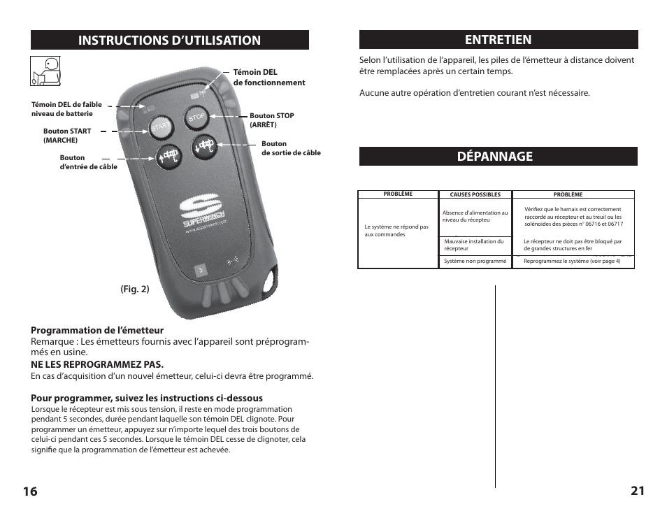 Instructions d’utilisation, Entretien, Dépannage | Fig. 2) | Superwinch Certus Wireless for Superwinch S Series winches User Manual | Page 16 / 18