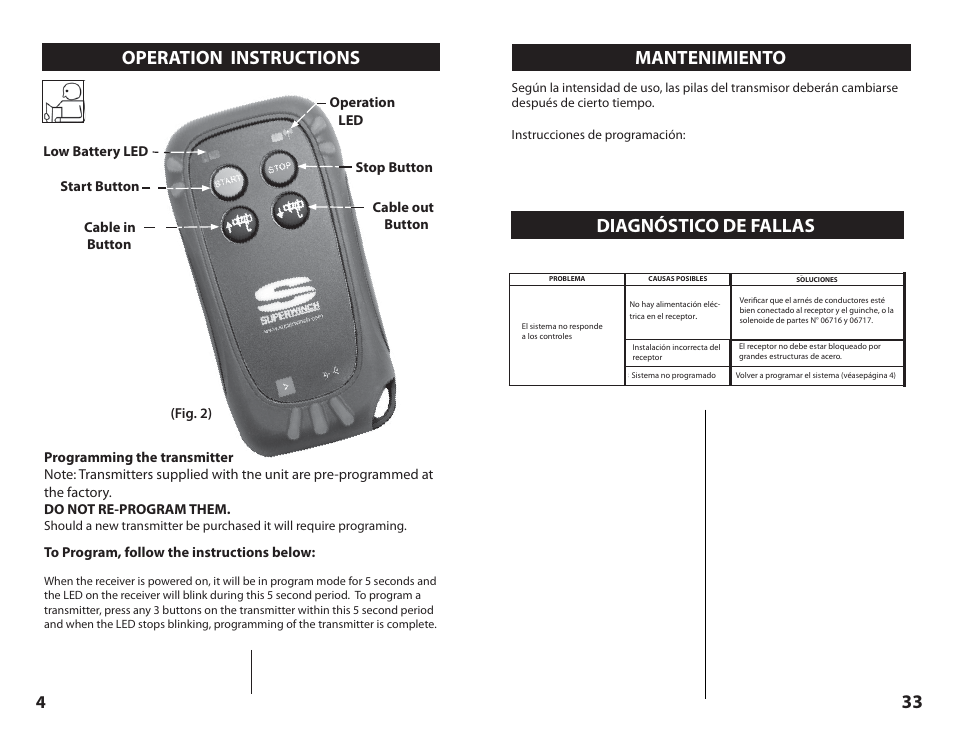 Operation instructions, Mantenimiento, Diagnóstico de fallas | Superwinch Certus Wireless for Superwinch S Series winches User Manual | Page 4 / 18
