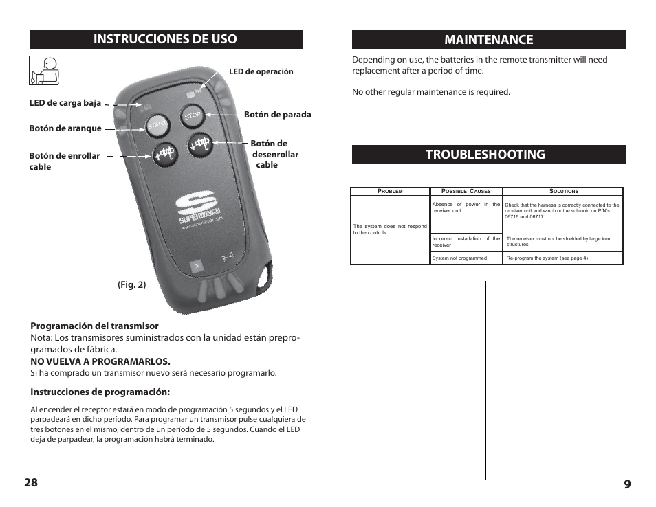 9maintenance, Troubleshooting, Instrucciones de uso | Instrucciones de programación, Fig. 2) | Superwinch Certus Wireless for Superwinch S Series winches User Manual | Page 9 / 18
