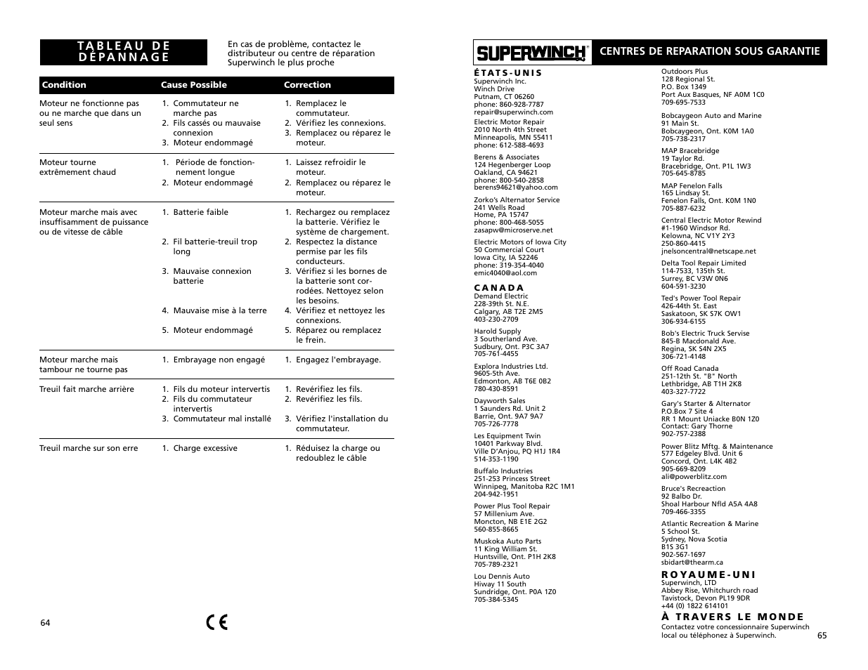 Centres de reparation sous garantie | Superwinch GP2300 – 1,043 kgs/12V User Manual | Page 33 / 34