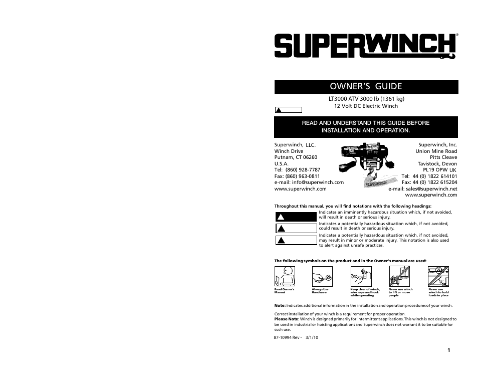 Superwinch LT3000 ATV – 1,360 kgs/12V User Manual | 12 pages