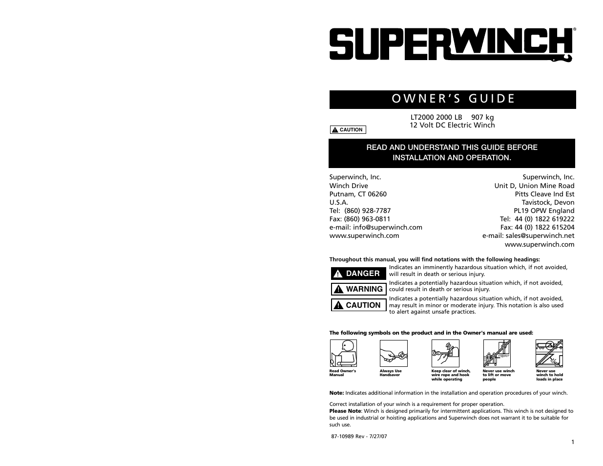 Superwinch LT2000 – 907 kgs/12V User Manual | 10 pages