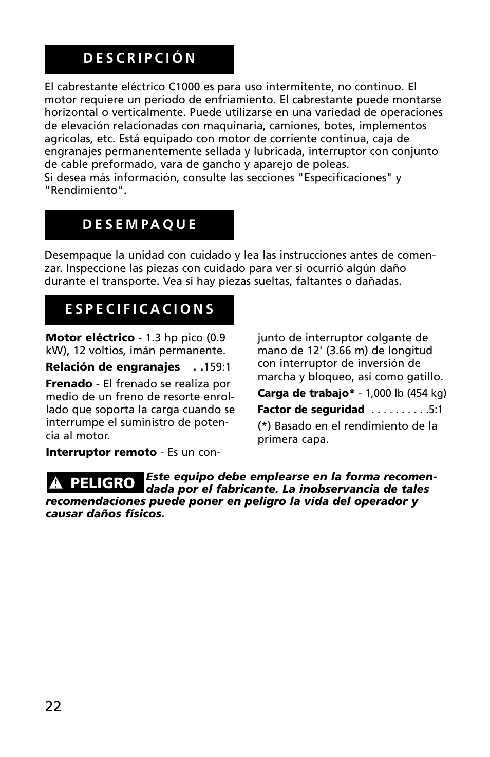 Peligro | Superwinch C1000 (Motor Cover/Remote) - 453 kgs/12V User Manual | Page 23 / 60