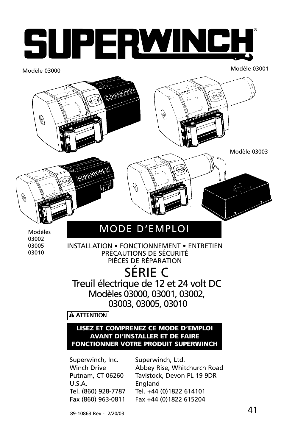 Série c, Mode d‘emploi, Treuil électrique de 12 et 24 volt dc | Superwinch C1000 (Motor Cover/Remote) - 453 kgs/12V User Manual | Page 42 / 60