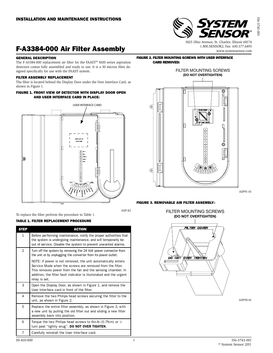 System Sensor F-A3384-000 Air Filter User Manual | 1 page