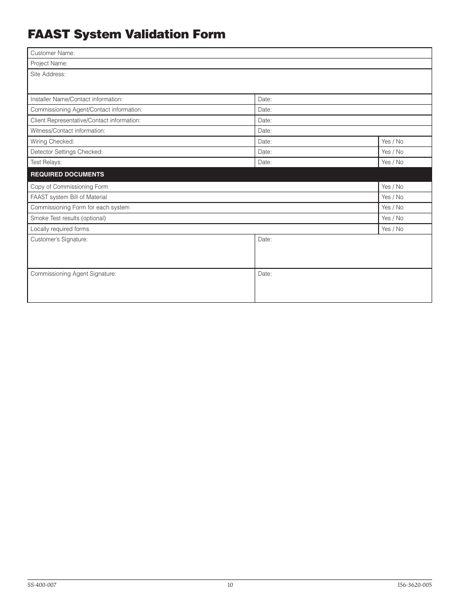 Faast system validation form | System Sensor 8100 FAAST User Manual | Page 10 / 12