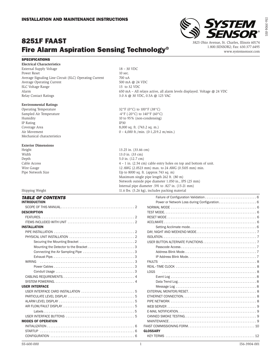 System Sensor 8251F FAAST User Manual | 12 pages