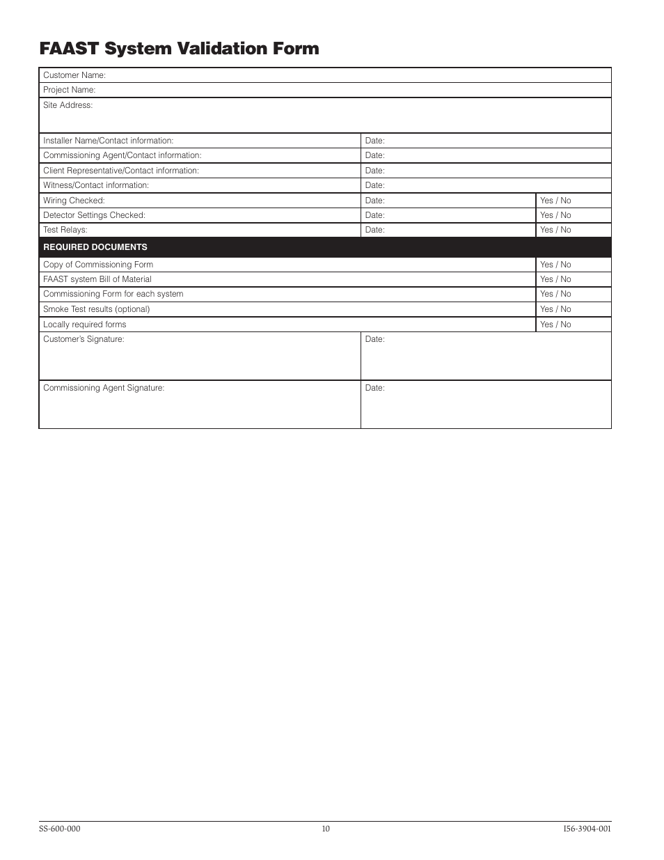 Faast system validation form | System Sensor 8251F FAAST User Manual | Page 10 / 12