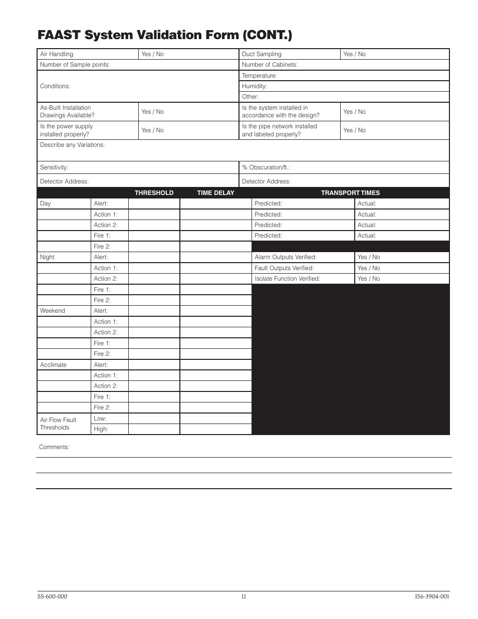 Faast system validation form (cont.) | System Sensor 8251F FAAST User Manual | Page 11 / 12