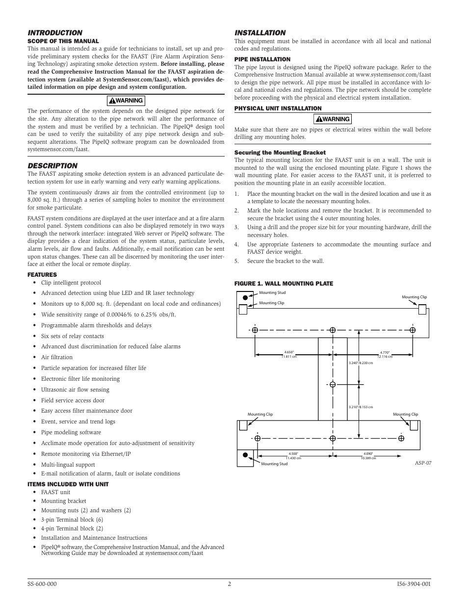 Introduction, Description, Installation | System Sensor 8251F FAAST User Manual | Page 2 / 12