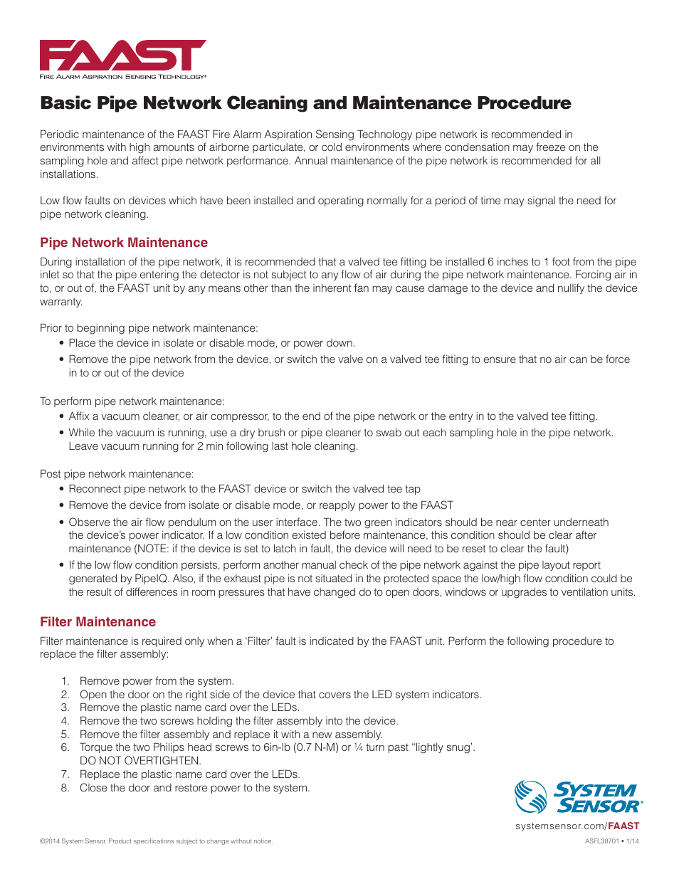 System Sensor Basic Pipe Network Cleaning and Maintenance Procedure User Manual | 1 page